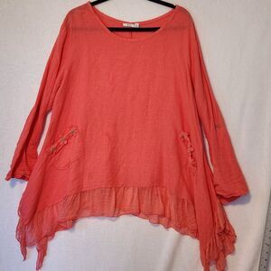Kaktus Women's 2XL Coral Linen Silk Tunic w/ Ruffles Pockets Lagenlook Boho